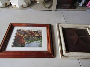 lot 178 image: framed metal star art 15x15, framed horse art drinking water 15x18 a.t coxs