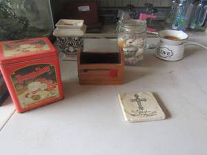 lot 10 image: burman shave tin can with original paperwork, glass jar of seashells, 2 scentcy warmers, wooden mailbox dcor and more