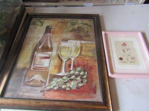 lot 186 image: 23x19 framed wine art, 11x9 framed paper flower art