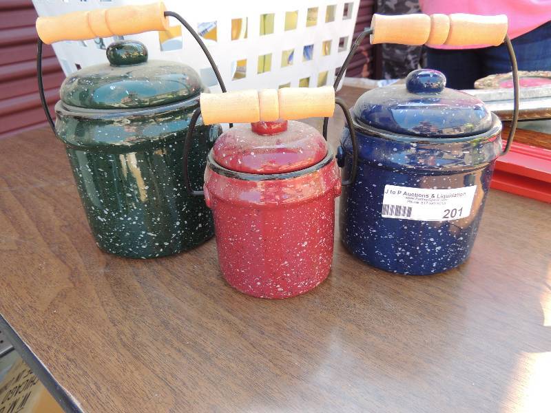 lot 201 image: 3 canisters with lids ( red, green,...