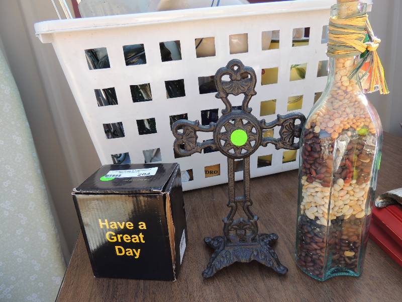 lot 204 image: Metal Cross, Decorative Bean Bottle...