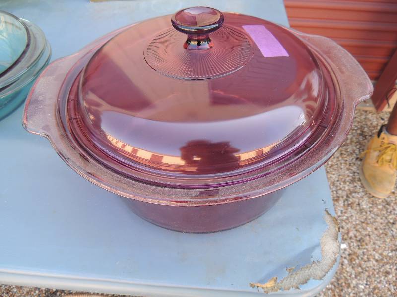 lot 261 image: large purple corning ware casserole...
