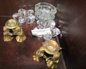 lot 61 image: 2 glass crystal candle holders, 2 clear glass flower shaped candle holders and 2 metal brass angel candle holders