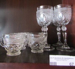 lot 67 image: 4 tall stem clear glass crystal wine glasses, 4 one handled crystal coffee cups