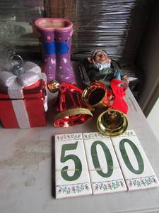 lot 86 image: Set of porcelain boots that is a scentsy warmer, glass Christmas gift box, and more