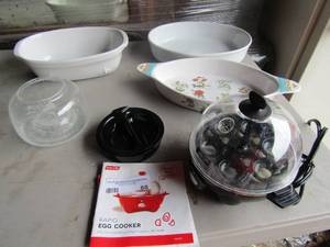 lot 68 image: Egg maker, various serving white bowls dshes