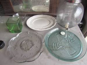 lot 98 image: Large clear glass drink container, 3 different kind serving platters, green glass candy dish