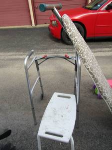 lot 120 image: fold up walker for adult use, small backless shower stool, older model ironing board