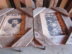 lot 8 image: 2 wooden photos first one is bass outlaw of the prophetic name 1887 he was later killed john selman 20x17, other is captain frank jones and his company 20x17