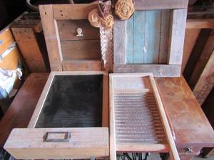 lot 14 image: 15x13 wooden frame, 13x13 wooden frame, wall hanging peg board with key hooks, 18x9 vintage wash board