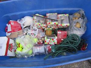 lot 38 image: large blur tote full of Christmas ornaments and more