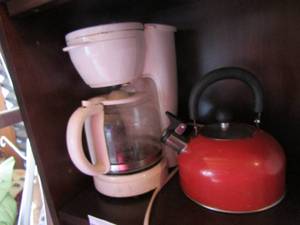 lot 79 image: White coffee pot 8 cup used, red stove top tea kettle used