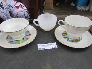 lot 129 image: Montaga virginia city tea plate and cup handle is broken, the ozarks one handled tea cup, arizona tea plate and a floral dcor one handled cup