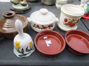 lot 134 image: strawberry design doubled handled soup dish, strawberry design canister with no lid, hand made pot with lid, and more