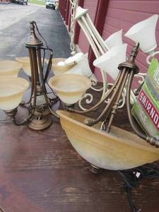lot 140 image: 3 glass chandilers in good condition 2 brown n 1 white