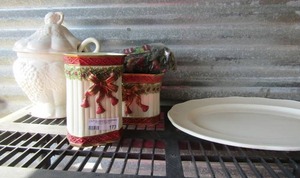 lot 173 image: 1714 white serving platter very nice condition, 2 ribbon design popurri holders, dB handled grape design white covered soup dish with laddle.