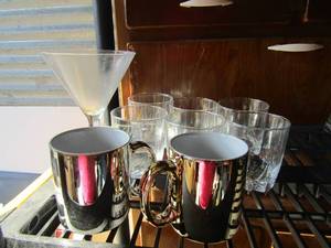 lot 180 image: 6 drink glasses, silver and gold coffee cups qty 2, Large mouth martini glass
