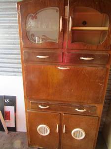 lot 50 image: CWS NUMAID vintage bread box, has various storage spaces for flour, bread, potatoes, sugar and so so much more, very cool piece, needs small repair on right side door glass front is missing easy fix, size 713616