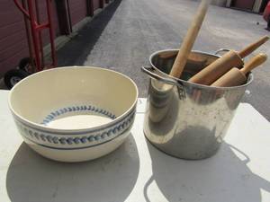 lot 196 image: Large STOCK POT , Various wooden rolling pins, large serving bowl By hartstone pottery