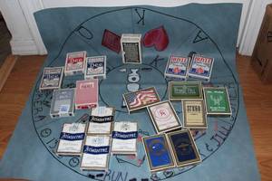 lot 40 image: Variety of Playing Cards and a Leather Game Mat