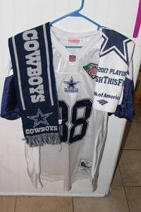 lot 5 image: Dallas Cowboys Jersey, Scarf, and 2017 Playoff Hand Towel