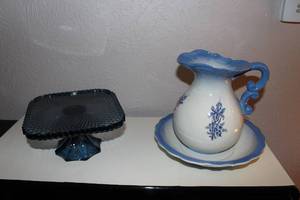 lot 101 image: Blue Glass Detatchable Food Display and Deft Blue Pitcher and Basin