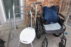 lot 196 image: DME Manual Wheelchair with Seat Cushions, 2 walkers and shower Chair