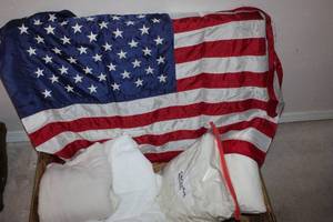 lot 232 image: Vintage Trunk with American Flag and King Size Mattress Pads