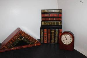 lot 325 image: Desk clock and faux Book Paper organizer and Book ends