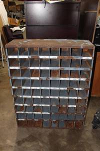 lot 12 image: Vintage Metal Parts Bin..72 Bins ..33.75x12x42  Just needs a Little TLC