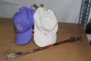 lot 66 image: Two Ball Caps (Justin Boots and Polo), Vintage Shoe Horn, and Metal Gift Box