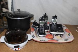 lot 158 image: Slow Cooker, Egg Cooker, 3 Phone set of Cordless Phones (Base Phone is also Digital Answering Machine) and Large Square Serving Plate