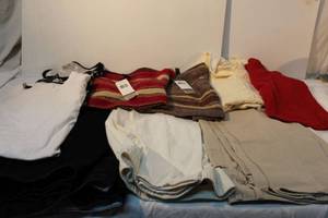 lot 38 image: Womens Clothes Size Large 3 Pants 6 Blouses. 3 Ralph Lauren Blouses 2 have tags, White Stag Blouse, Sonoma and Carriage Court. Lands End Jeans, Denim & Co Slacks and lee Jeans