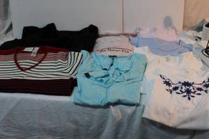 lot 42 image: Womens Tops Medium (10) 2 Ralph Lauren Sweaters, Liz Claiborne Sweater, 2 Talbots Sweaters SIP, 3 White Stagg blousesTank tops some with tags, Lands end tank top and Talbots blouse with tag