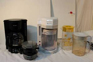 lot 50 image: Breakfast Lot, Mr. Coffee 12 Cup Black Coffee Maker, Hamilton Beach Breakfast Sandwich Maker, White Westinghouse Ice Tea Maker with extra Pitchers
