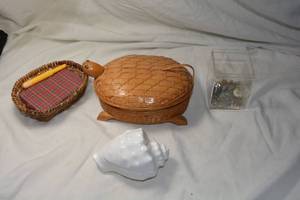 lot 206 image: Vintage turtle basket with wooden feet and head, Ceramic shell with lid, safety pins