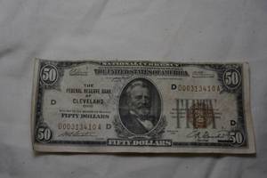 lot 215 image: 50 Dollar Bill marked Reserve Bank of Cleveland, OH Series of 1929