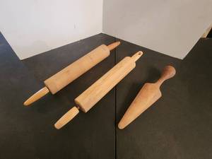 lot 156 image: Vintage wooden kitchen utensils - 2 rollers and a masher-reamer