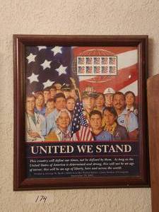 lot 174 image: Framed - United We Stand - print and stamps