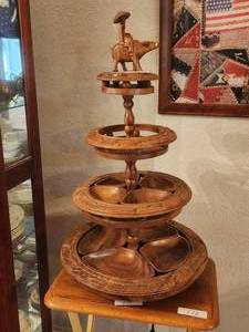 lot 175 image: Tiki 3 tier teak wood serving tray - lazy susan -