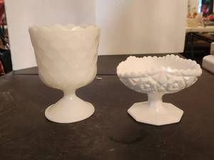 lot 220 image: Vintage milk glass - Brody candy dish & Fostoria Winburn pattern