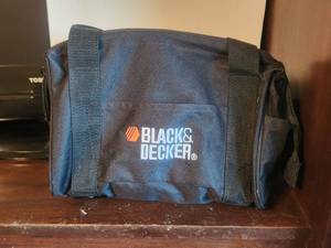 lot 297 image: Black & Decker tool bag with glue gun and battery scissors