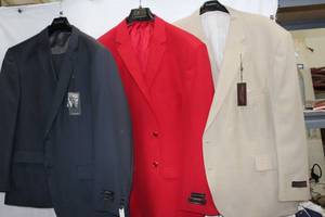 lot 51 image: Mens Suits 54R Angelo Rossi pin stripe, Lucci Red jacket, Henry James Tan jacket