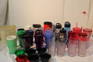 lot 122 image: Generous Lot of Plastic Cups and Water Bottles, Most Unused Plastic Custard Cups too