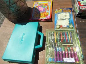 lot 21 image: Lot of used markers, crayons, New set of kids painting Christmas magnet qty 2, Metal handled basket