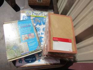 lot 29 image: 3 new bags of envelopes 50 per bag, New pack of office cubical stickers, Gallery glass stained glass painting set new