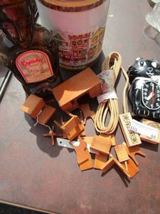 lot 44 image: Vintage Kahlua liquor bottle empty, mini furniture pieces for doll house, Cat Clock wall clock