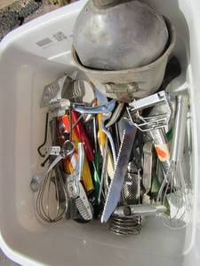 lot 46 image: Old Canteen, Misc. vintage kitchen utensils like peelers, shredders, nut crackers and more