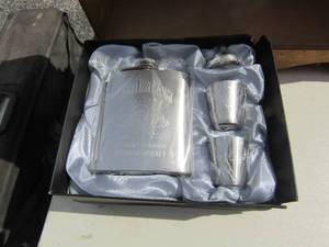 lot 66 image: 2 Jim Beam liquor FLASKS with shot glasses New qty 2 sets, hand made 6 tier wine bottle storage cabinet