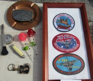 lot 72 image: 137 framed flyer patches qty 3, bronze ashtrey, glass roses, pocket knife and more